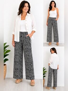 LOFT Black & White Tribal Leaf Print Wide Leg Pants Boho Chic Size 6